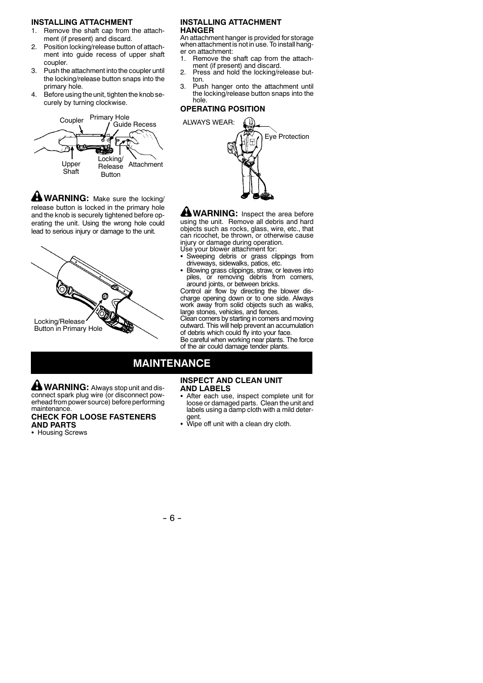 Maintenance, Warning | Poulan 545212828 User Manual | Page 6 / 7