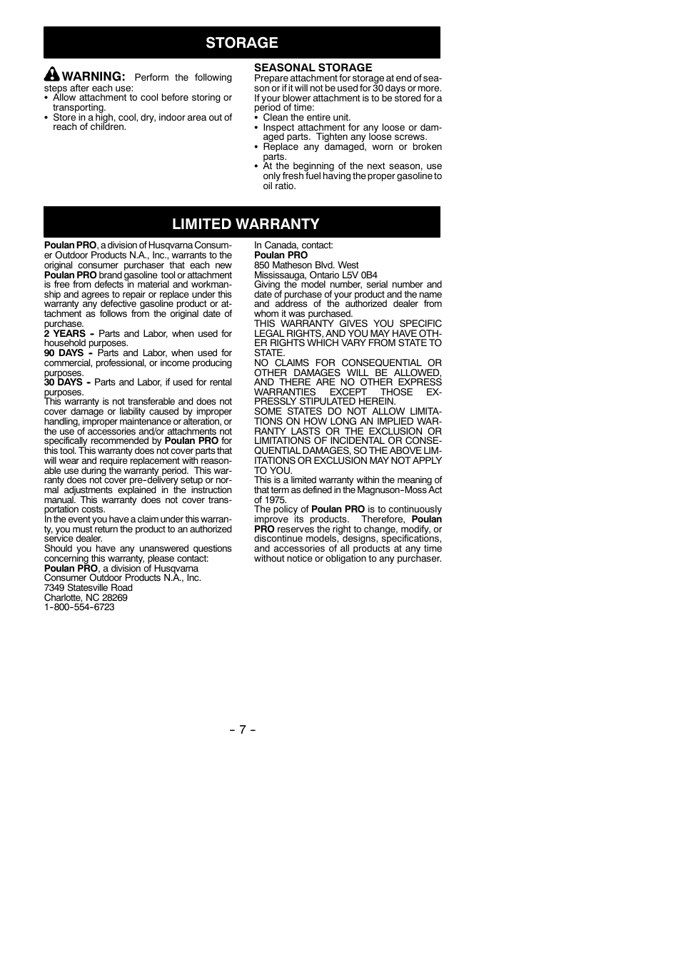 Storage, Limited warranty, Warning | Poulan 545212828 User Manual | Page 7 / 7