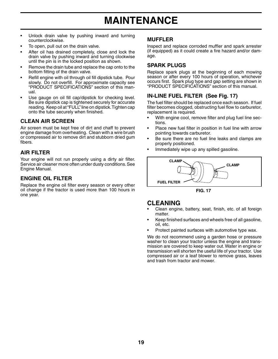 Maintenance, Cleaning | Poulan 195032 User Manual | Page 19 / 32
