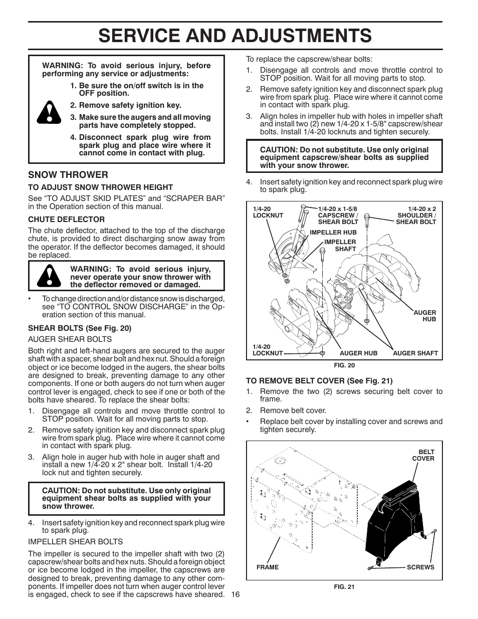 Service and adjustments, Snow thrower | Poulan 429890 User Manual | Page 16 / 40