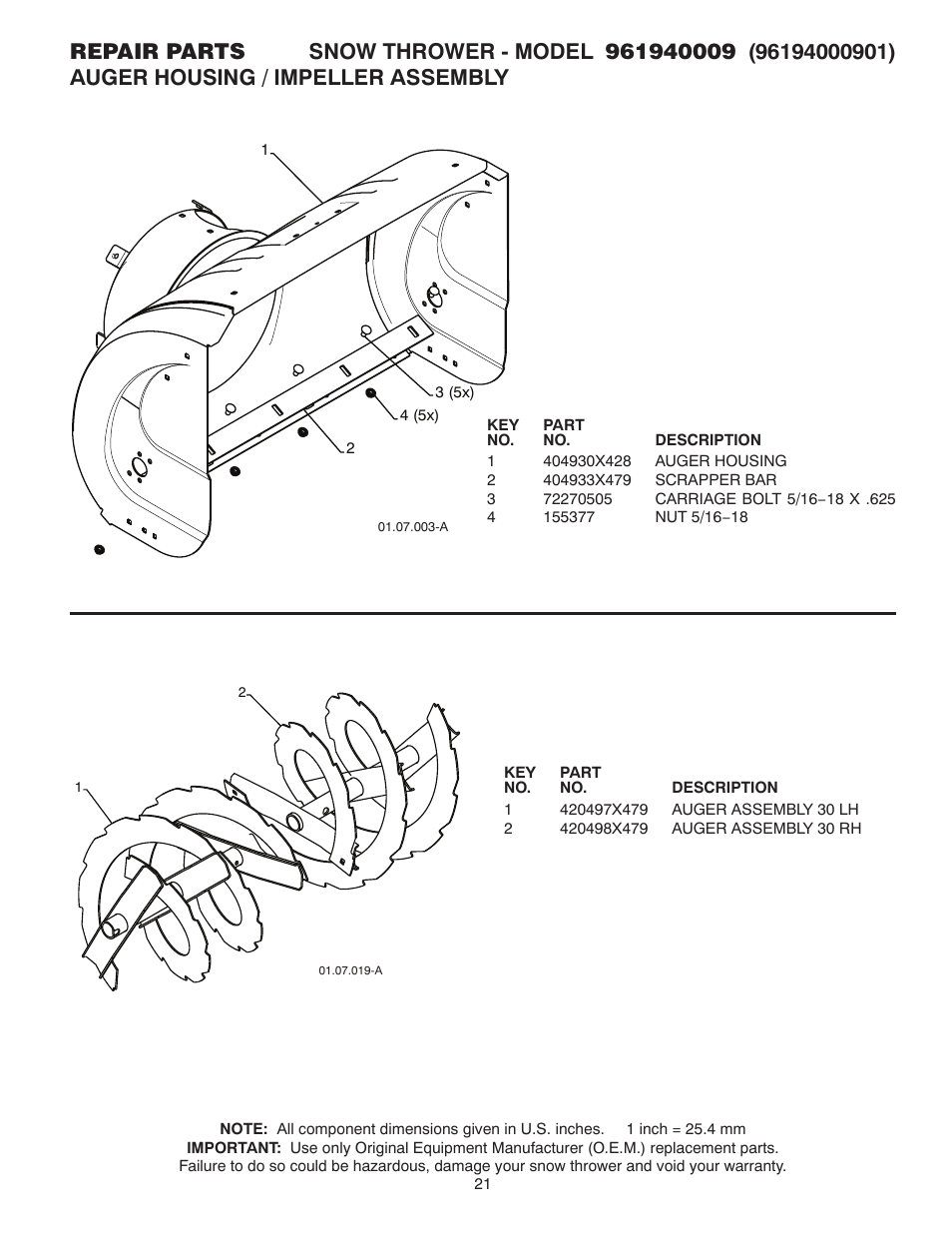 Repair parts, Auger housing / impeller assembly | Poulan 429890 User Manual | Page 21 / 40