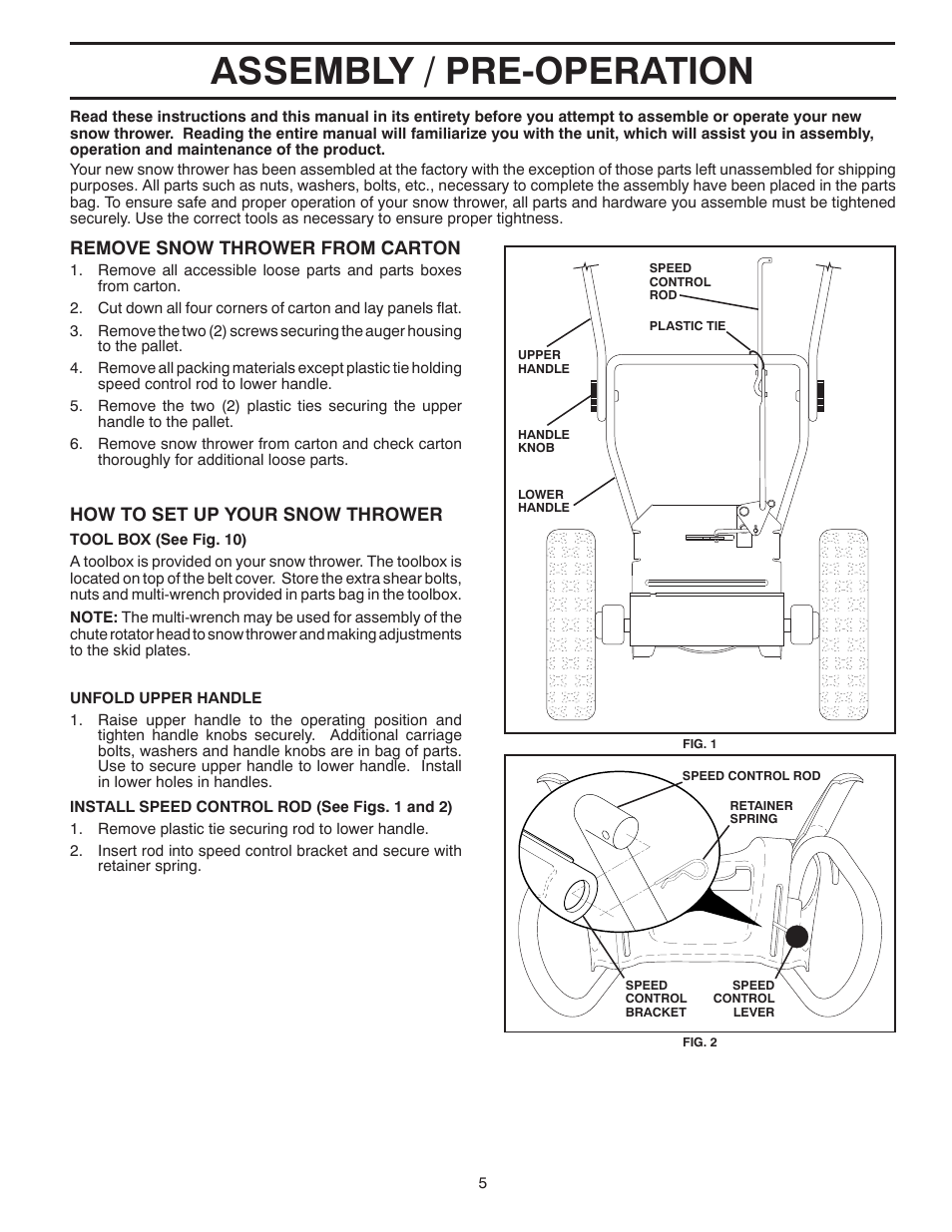 Assembly, Assembly / pre-operation, Remove snow thrower from car ton | How to set up your snow thrower | Poulan 429890 User Manual | Page 5 / 40