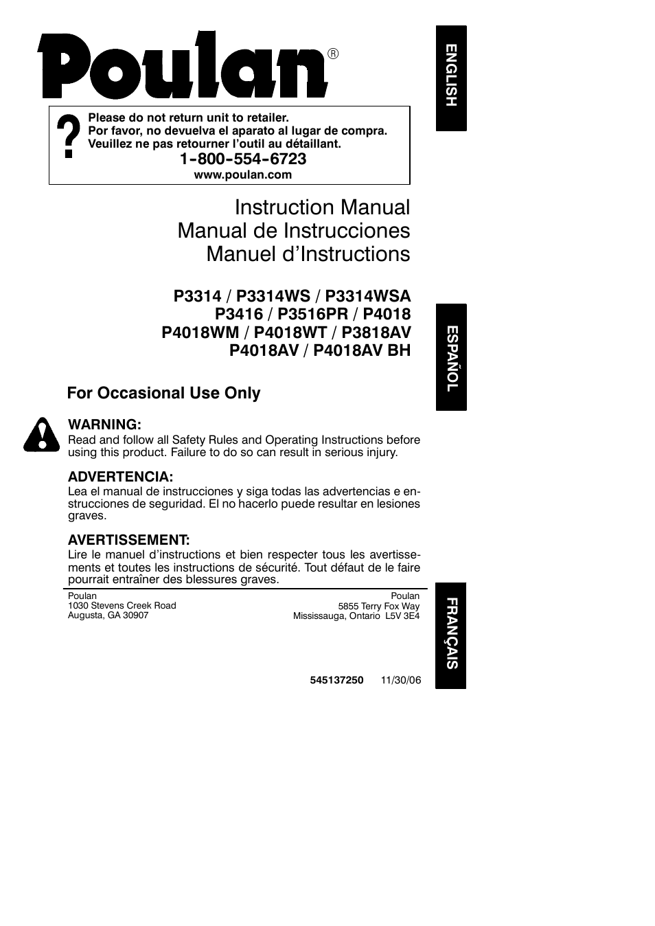 Poulan 545137250 User Manual | 19 pages