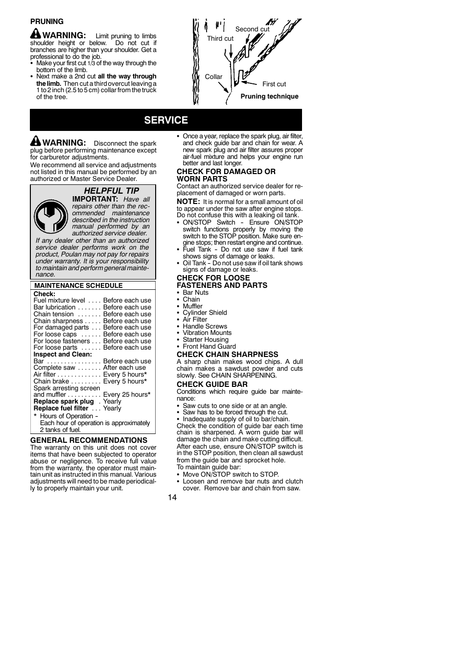 Service, Warning, Helpful tip | Poulan 545137250 User Manual | Page 14 / 19