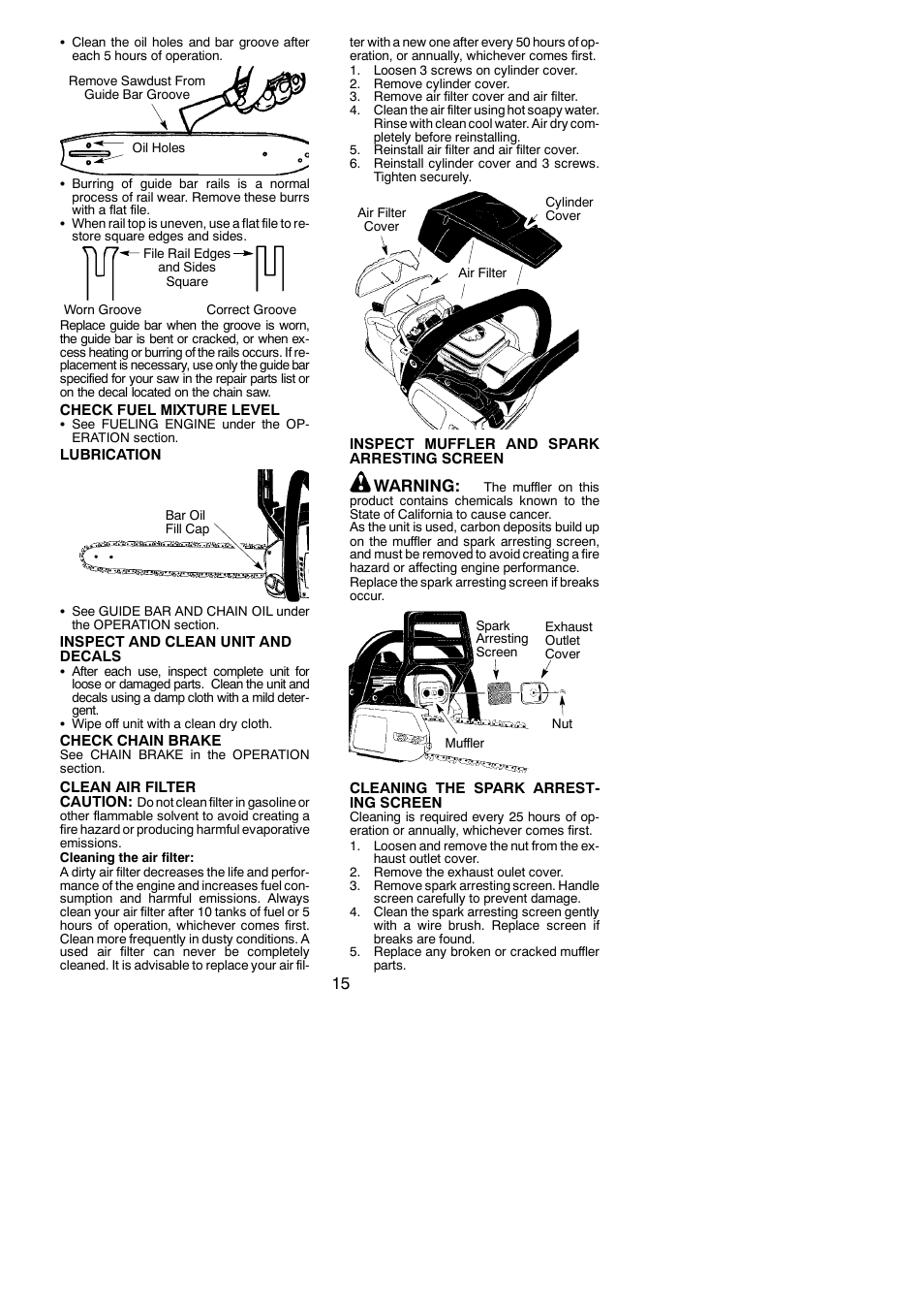 Warning | Poulan 545137250 User Manual | Page 15 / 19