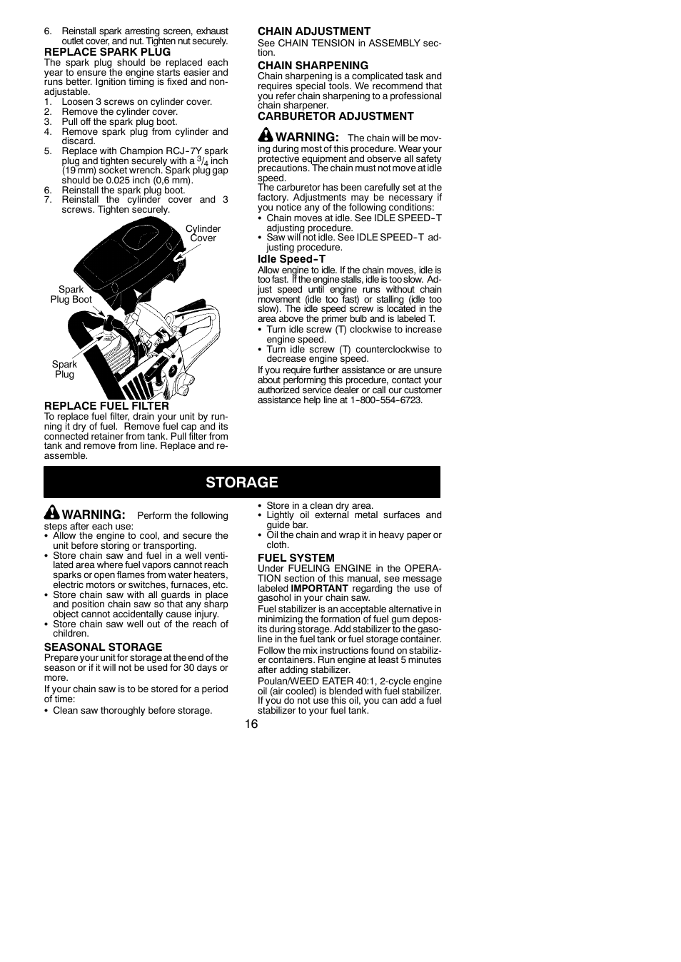 Storage, Warning | Poulan 545137250 User Manual | Page 16 / 19