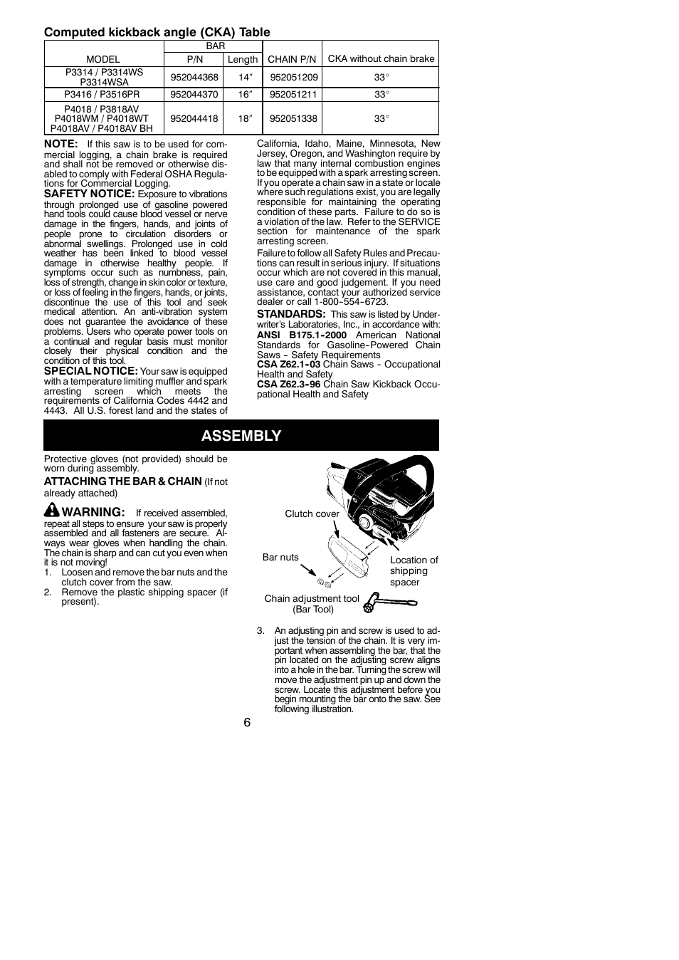 Assembly, 6computed kickback angle (cka) table, Warning | Poulan 545137250 User Manual | Page 6 / 19