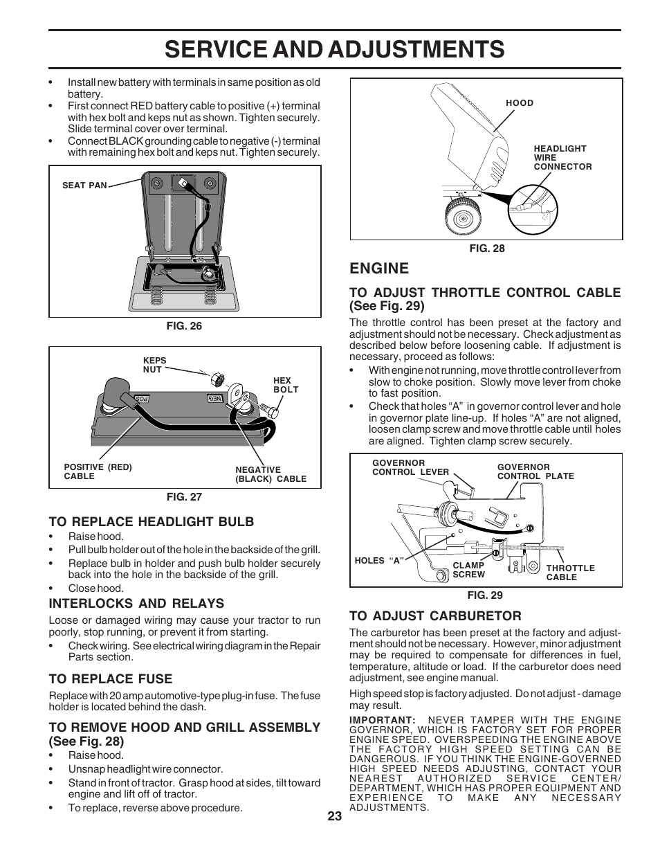Service and adjustments, Engine | Poulan 183293 User Manual | Page 23 / 48