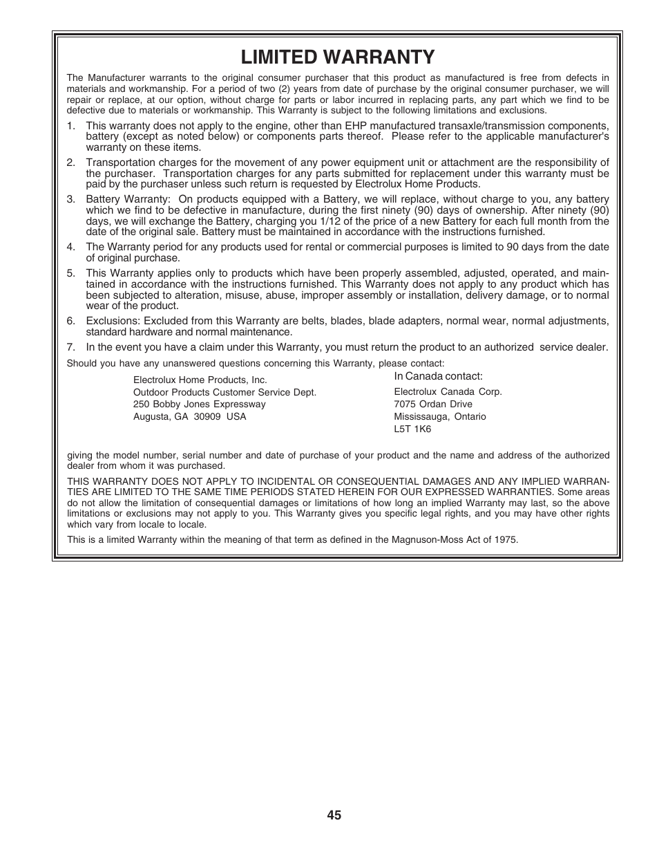 Limited warranty | Poulan 183293 User Manual | Page 45 / 48