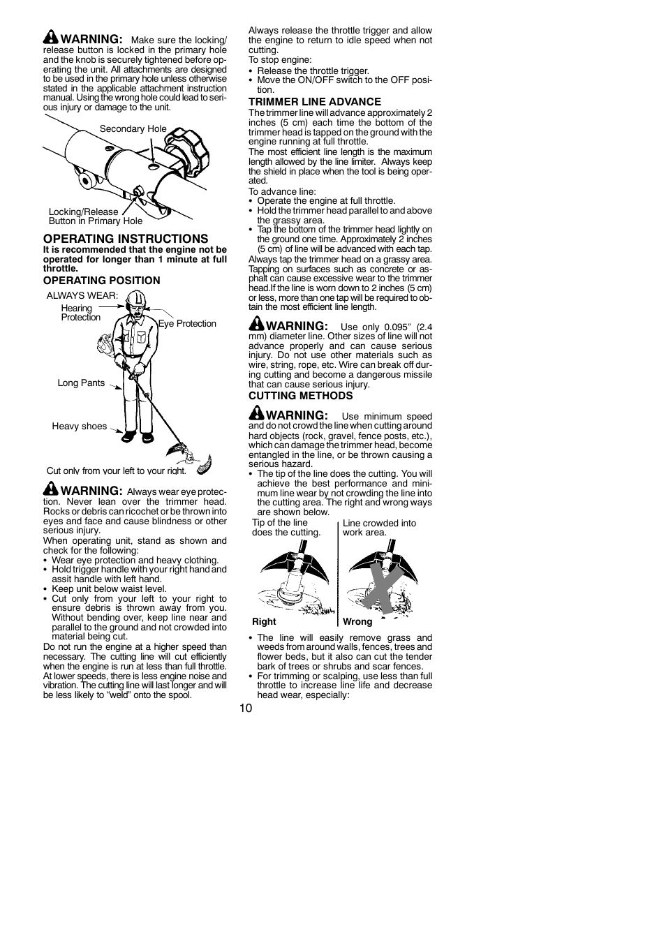 10 warning, Operating instructions, Warning | Poulan 545137277 User Manual | Page 10 / 17