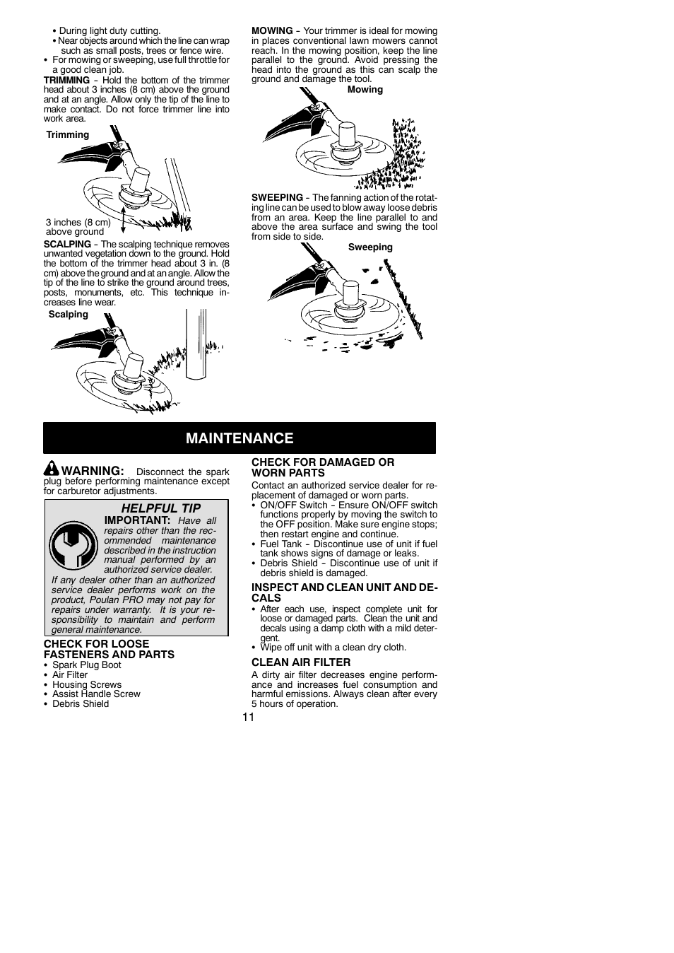 Maintenance, Warning, Helpful tip | Poulan 545137277 User Manual | Page 11 / 17