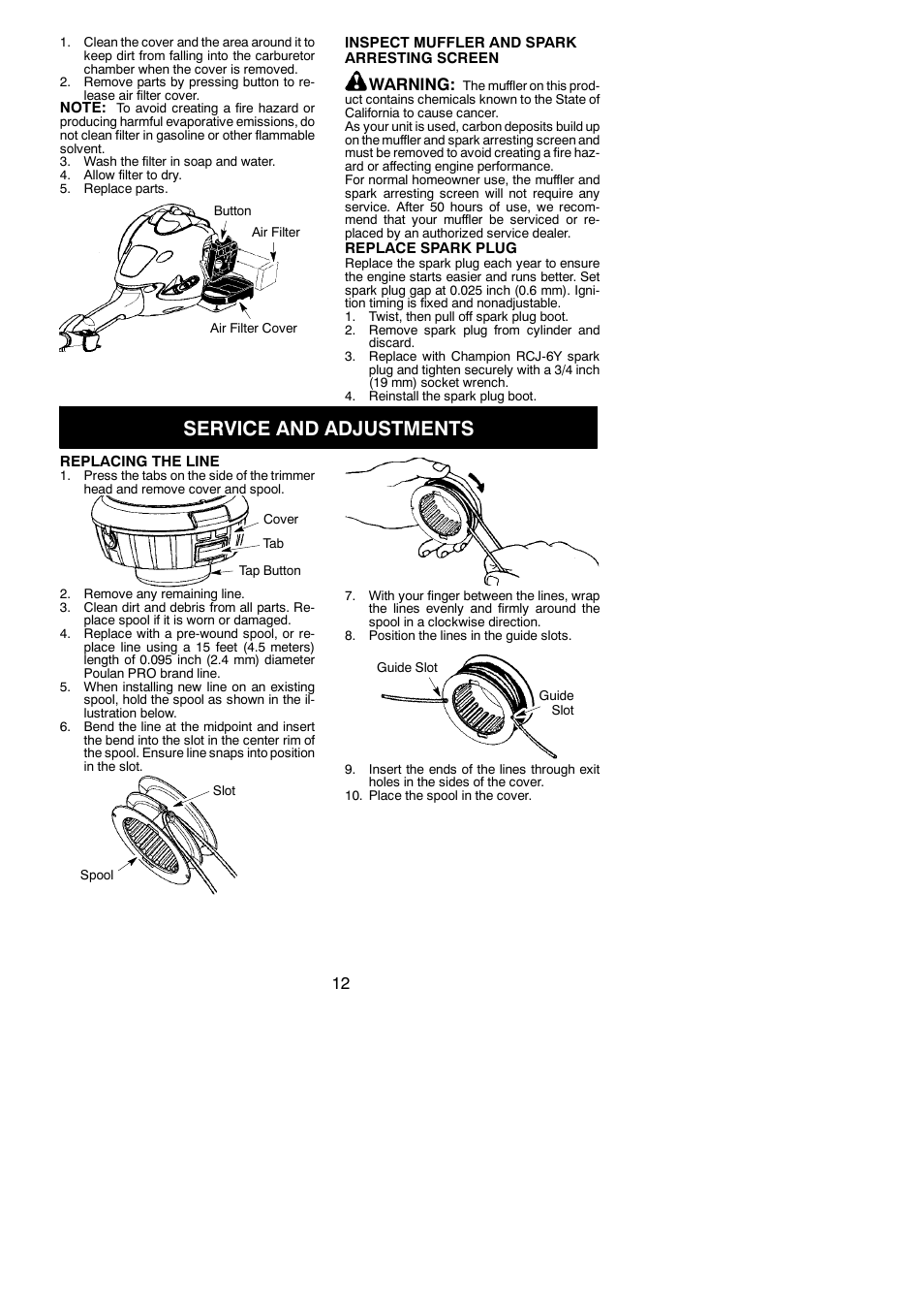 Service and adjustments, Warning | Poulan 545137277 User Manual | Page 12 / 17