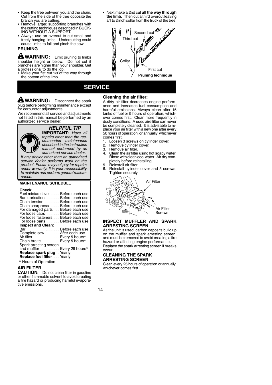 Service, Warning, Helpful tip | Poulan 115358026 User Manual | Page 14 / 20