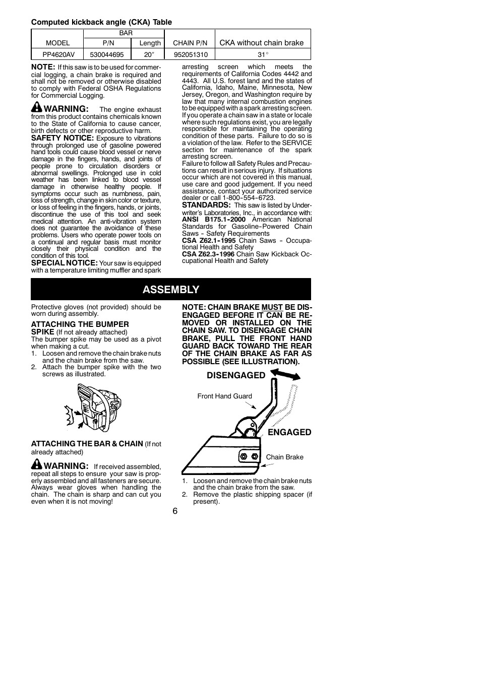 Assembly, Warning, Disengaged engaged | Poulan 115358026 User Manual | Page 6 / 20