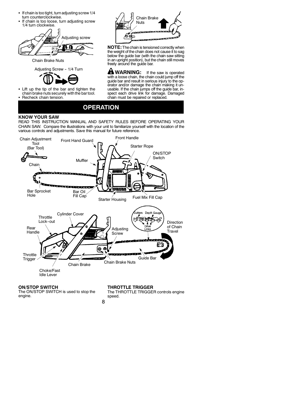 Operation, Warning | Poulan 115358026 User Manual | Page 8 / 20