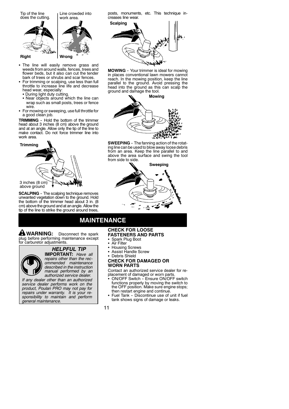 Maintenance, Warning, Helpful tip | Poulan PPB200E User Manual | Page 11 / 17