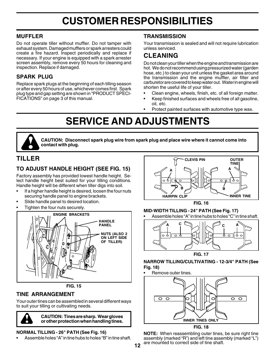 Service and adjustments, Customer responsibilities, Tiller | Cleaning | Poulan 176843 User Manual | Page 12 / 24
