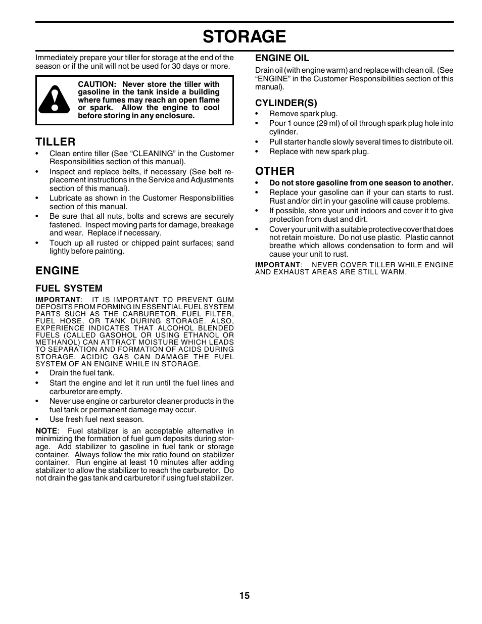 Storage, Other, Tiller | Engine | Poulan 176843 User Manual | Page 15 / 24