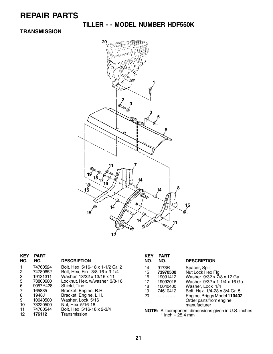 Repair parts, Tiller - - model number hdf550k | Poulan 176843 User Manual | Page 21 / 24