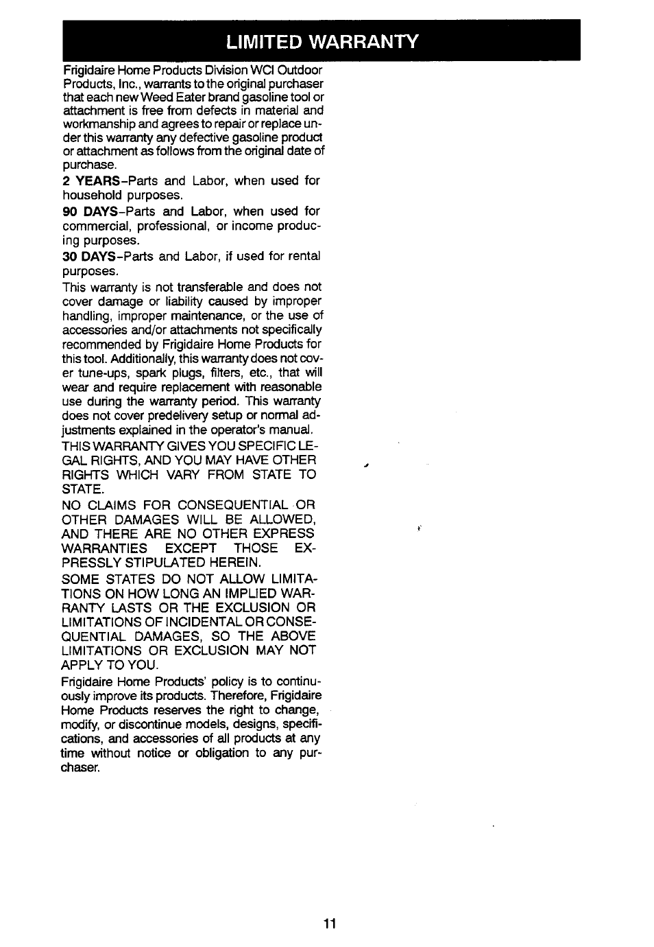 Limited warranty | Poulan PT7000 User Manual | Page 11 / 12