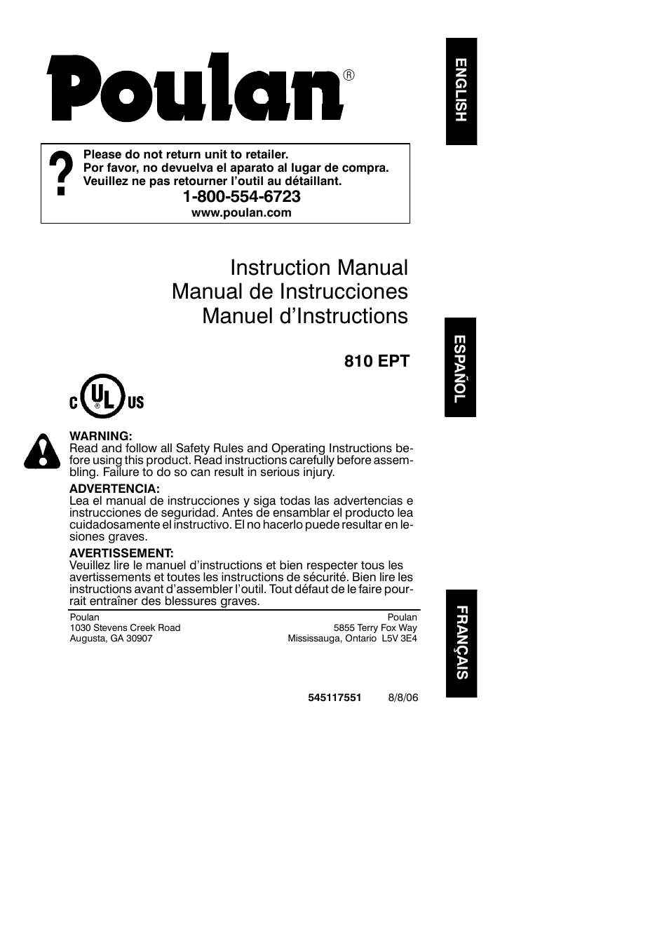 Poulan 810 EPT User Manual | 19 pages