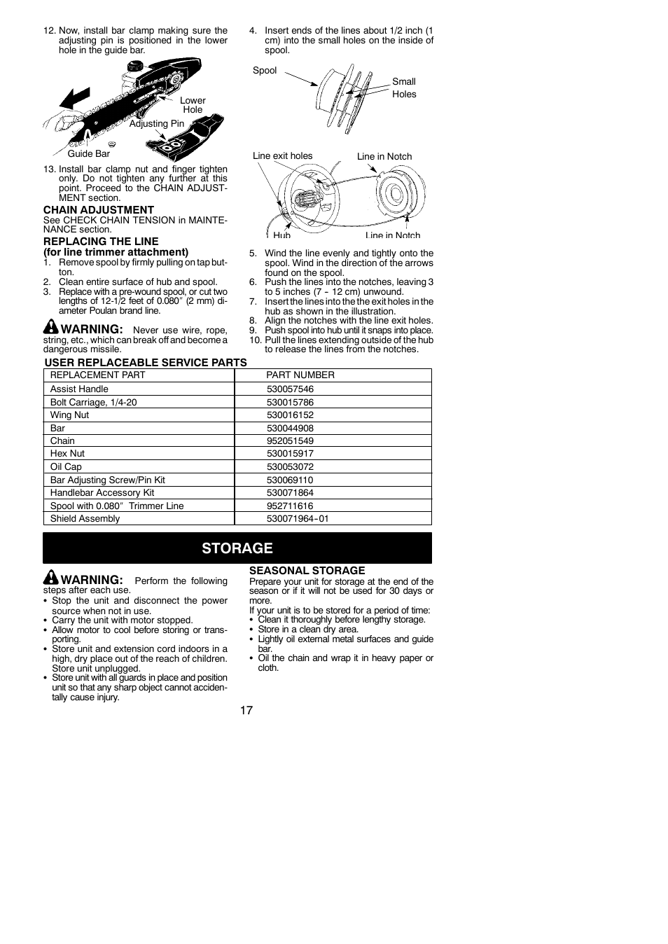Storage, Warning | Poulan 810 EPT User Manual | Page 17 / 19