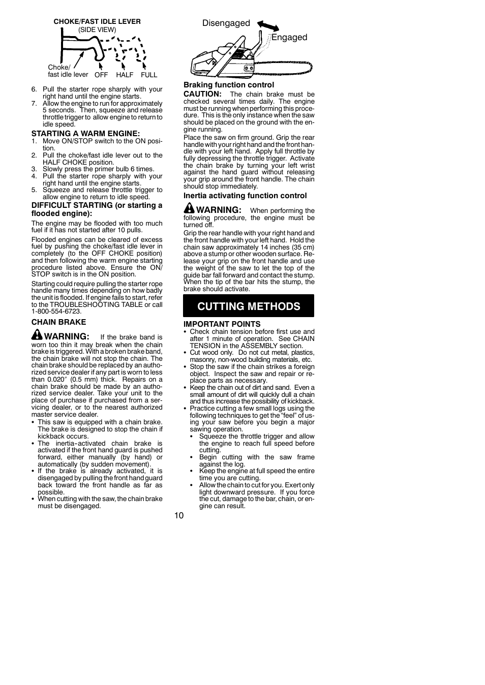 Cutting methods, Warning, Disengaged engaged | Poulan 2250 User Manual | Page 10 / 18