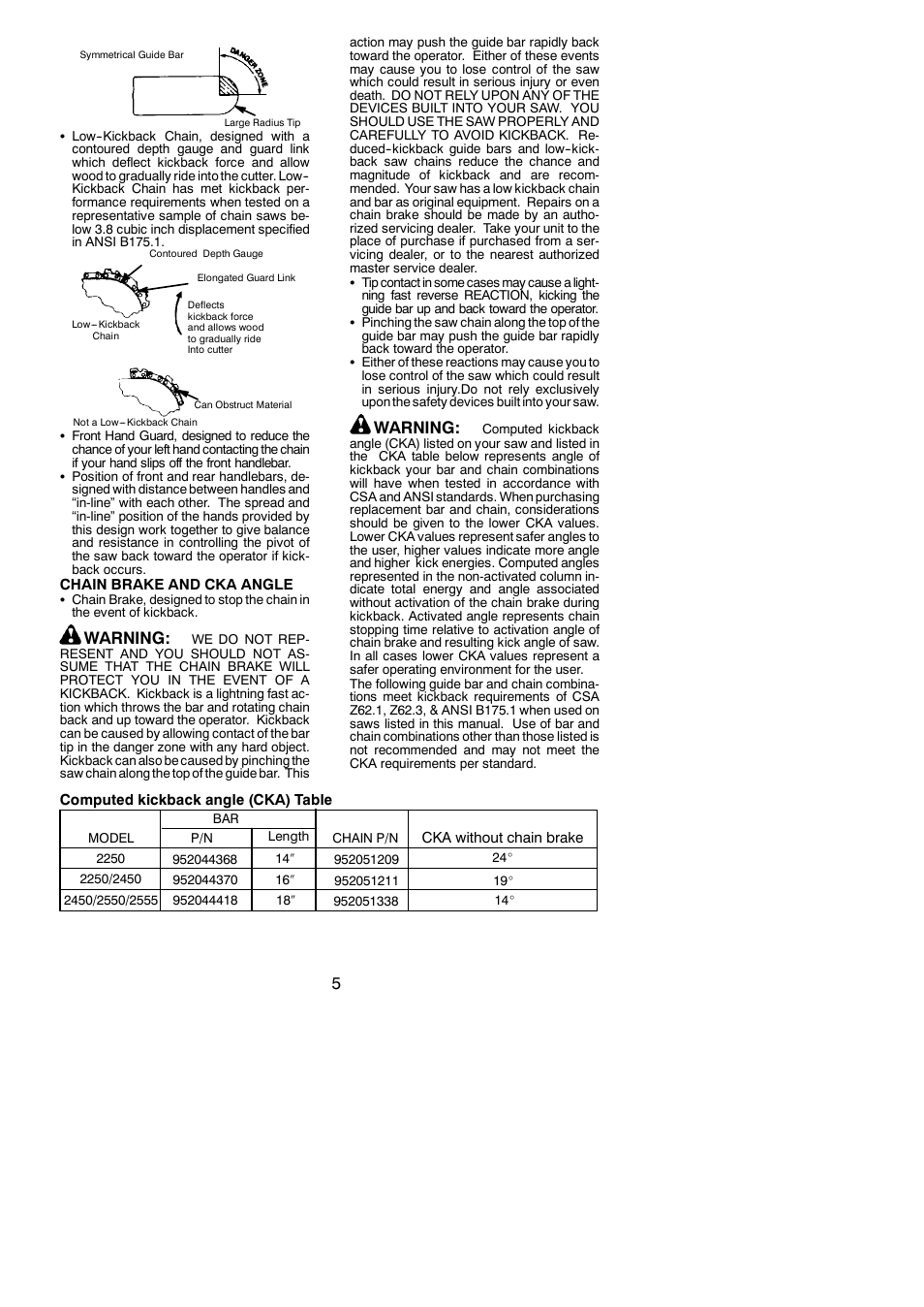 Warning | Poulan 2250 User Manual | Page 5 / 18