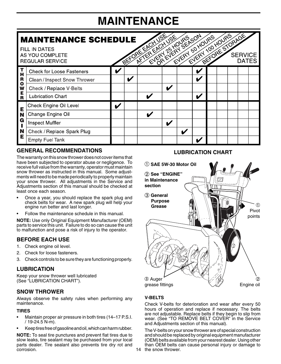 Maintenance | Poulan Pro PP10530ES SNOW THROWER User Manual | Page 14 / 32