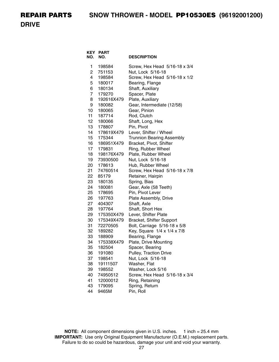 Poulan Pro PP10530ES SNOW THROWER User Manual | Page 27 / 32