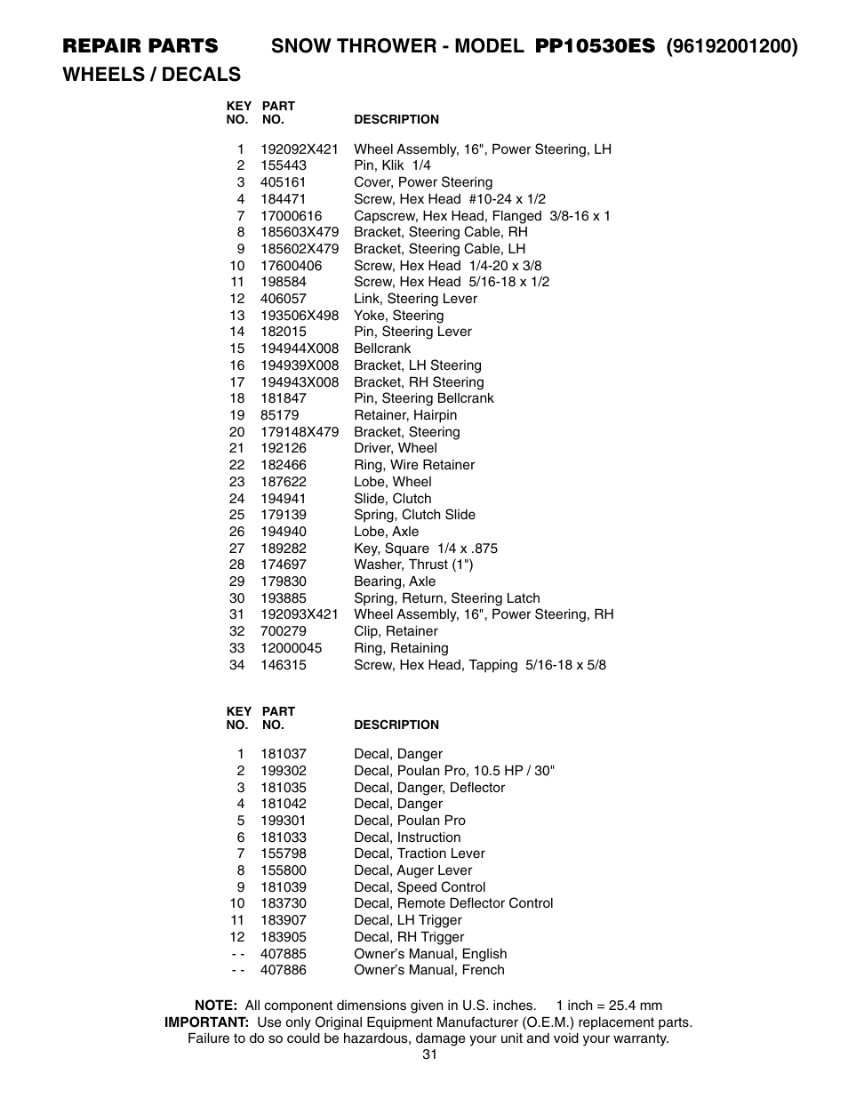 Poulan Pro PP10530ES SNOW THROWER User Manual | Page 31 / 32