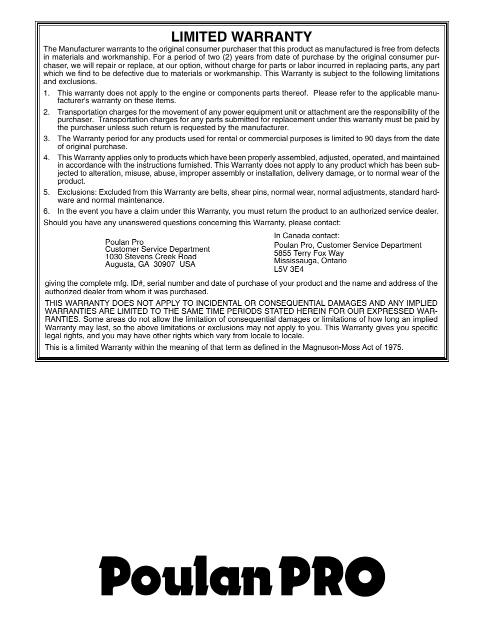 Limited warranty | Poulan Pro PP10530ES SNOW THROWER User Manual | Page 32 / 32