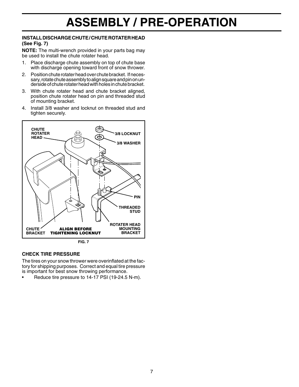 Assembly / pre-operation | Poulan Pro PP10530ES SNOW THROWER User Manual | Page 7 / 32