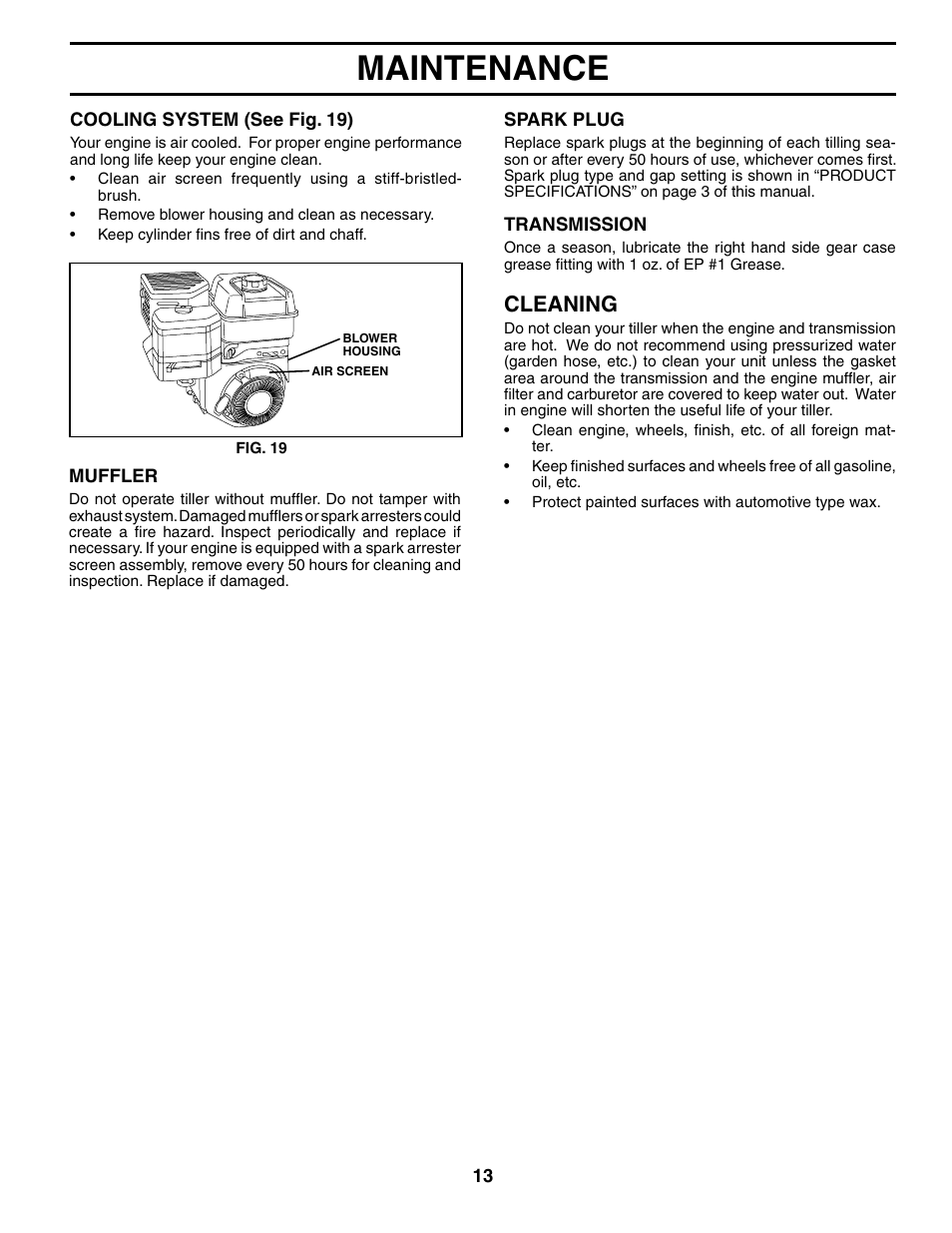 Maintenance, Cleaning | Poulan 184865 User Manual | Page 13 / 28