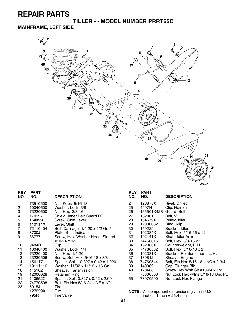 Repair parts, Tiller - - model number prrt65c | Poulan 184865 User Manual | Page 21 / 28