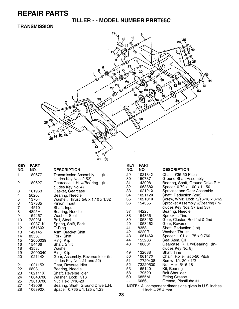 Repair parts, Tiller - - model number prrt65c | Poulan 184865 User Manual | Page 23 / 28