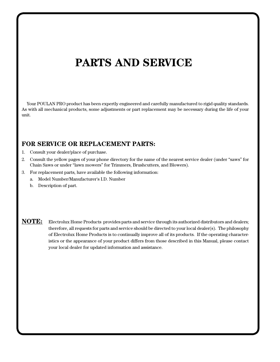 Parts and service, For service or replacement parts | Poulan 184865 User Manual | Page 28 / 28