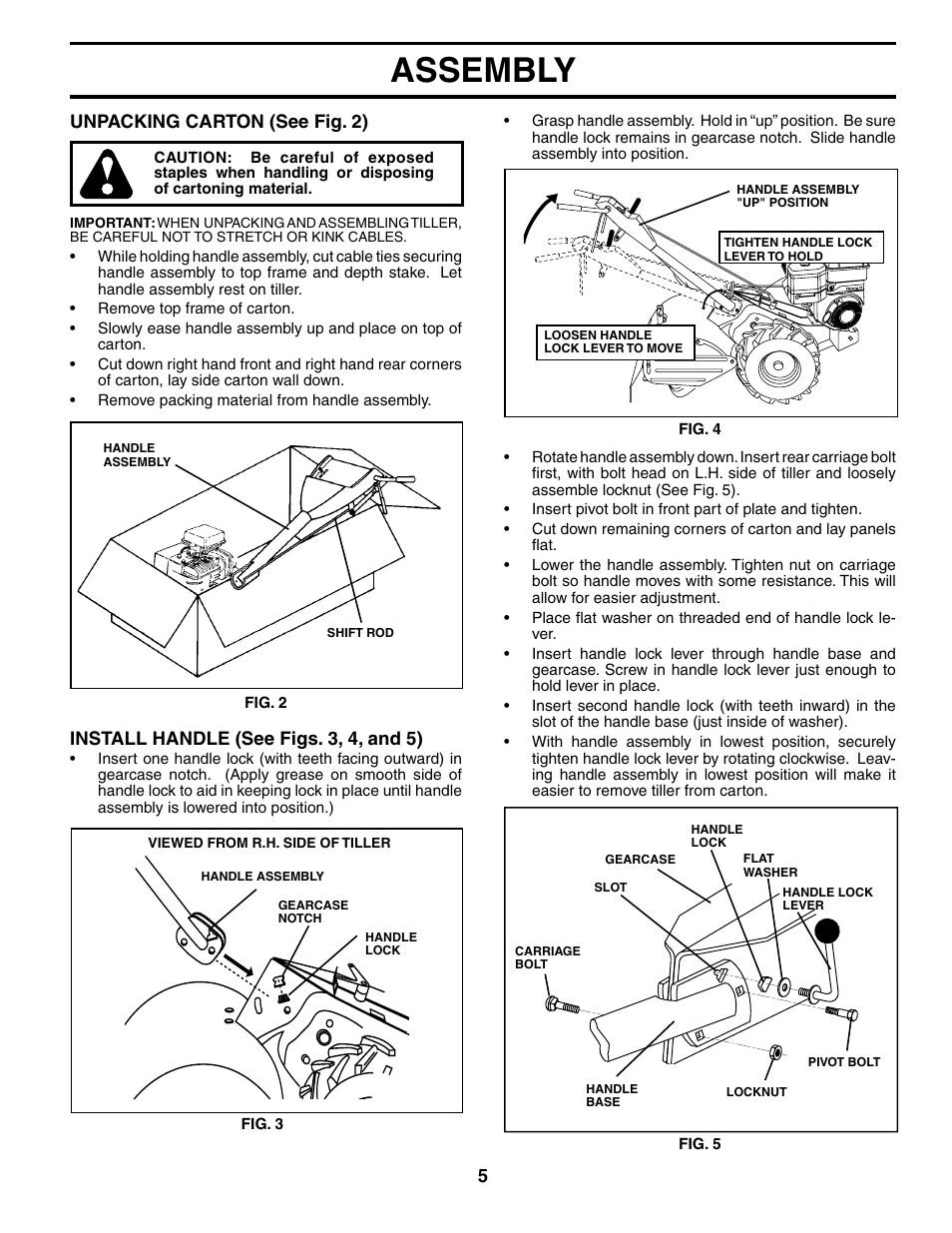 Assembly, Unpacking carton (see fig. 2), Install handle (see figs. 3, 4, and 5) | Poulan 184865 User Manual | Page 5 / 28
