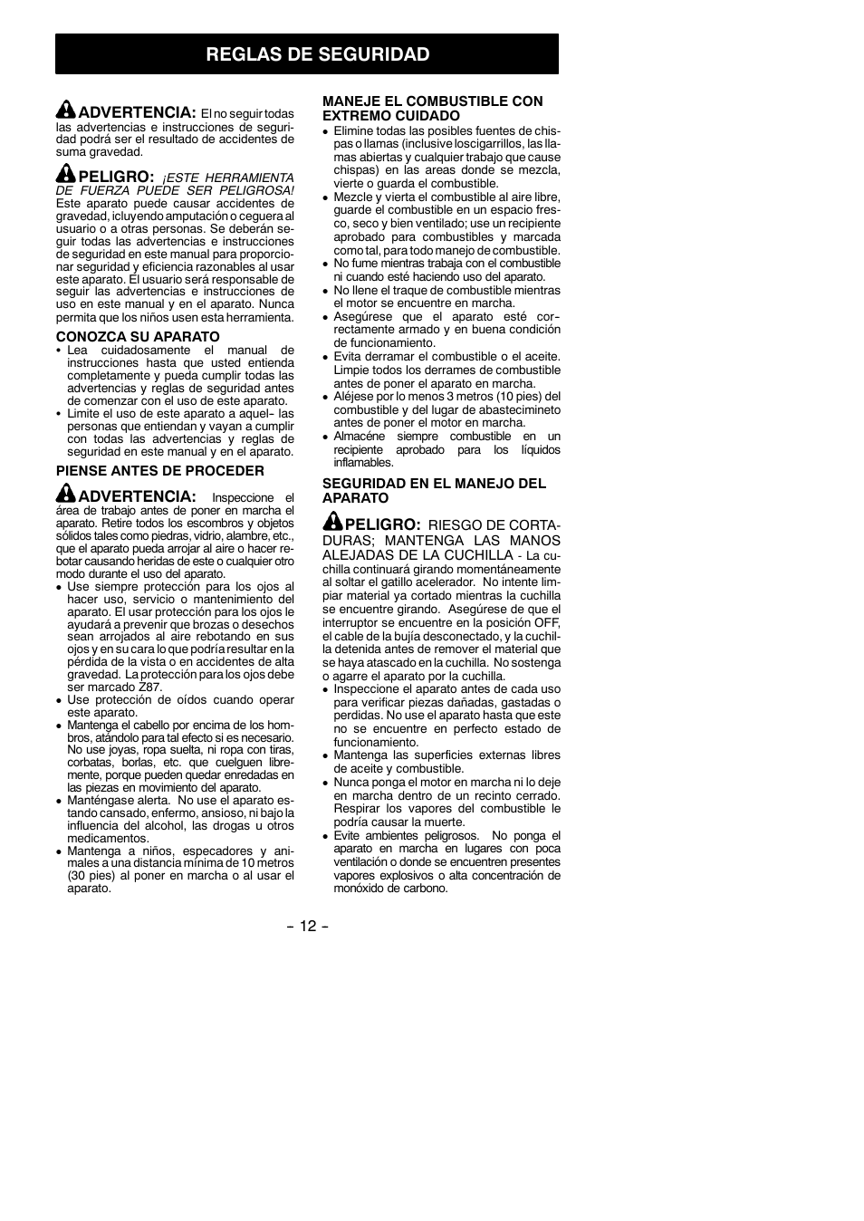 Reglas de seguridad, Advertencia, Peligro | Poulan Pro PP2822 User Manual | Page 12 / 36