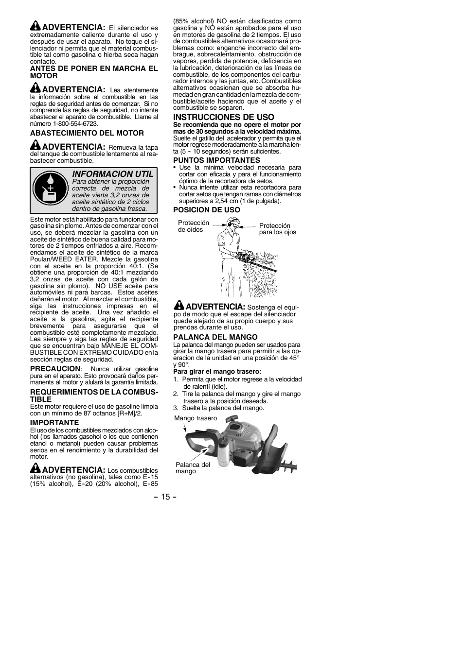 Advertencia, Informacion util, Instrucciones de uso | Poulan Pro PP2822 User Manual | Page 15 / 36