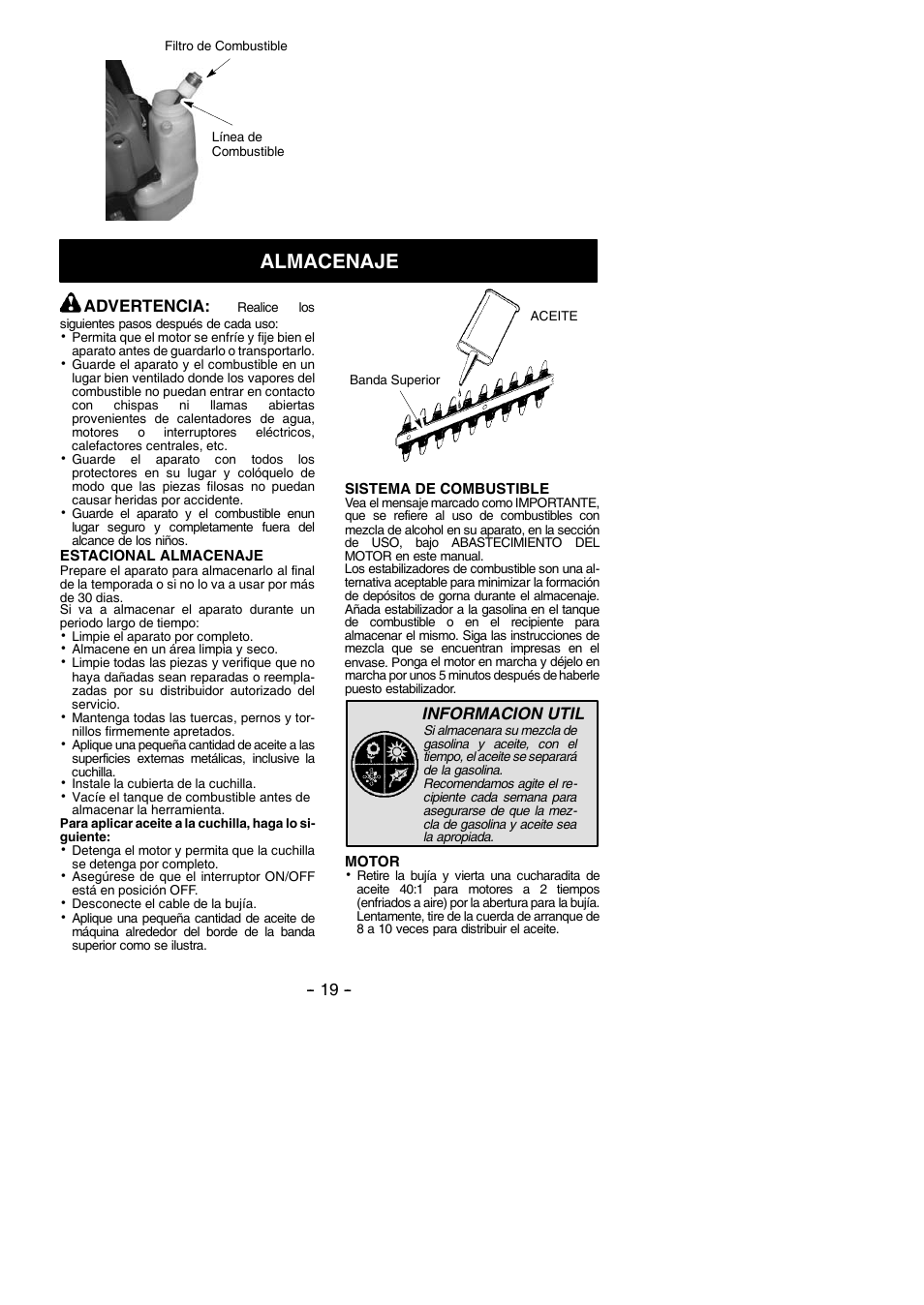 Almacenaje, Advertencia, Informacion util | Poulan Pro PP2822 User Manual | Page 19 / 36