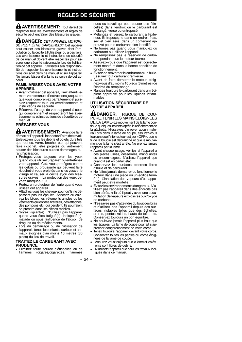 Régles de sécurité, Avertissement, Danger | Poulan Pro PP2822 User Manual | Page 24 / 36
