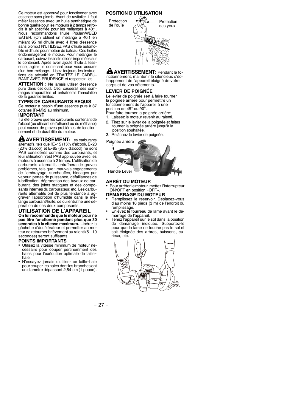 Avertissement, Utilisation de l’appareil | Poulan Pro PP2822 User Manual | Page 27 / 36