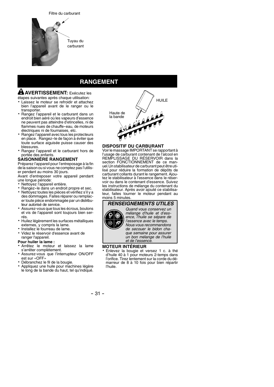 Rangement, Avertissement, Renseignements utiles | Poulan Pro PP2822 User Manual | Page 31 / 36