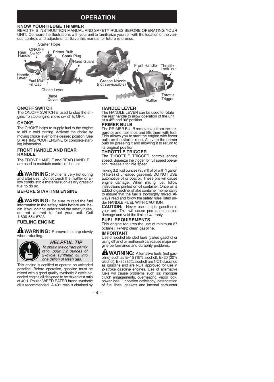 Operation, Warning, Helpful tip | Poulan Pro PP2822 User Manual | Page 4 / 36