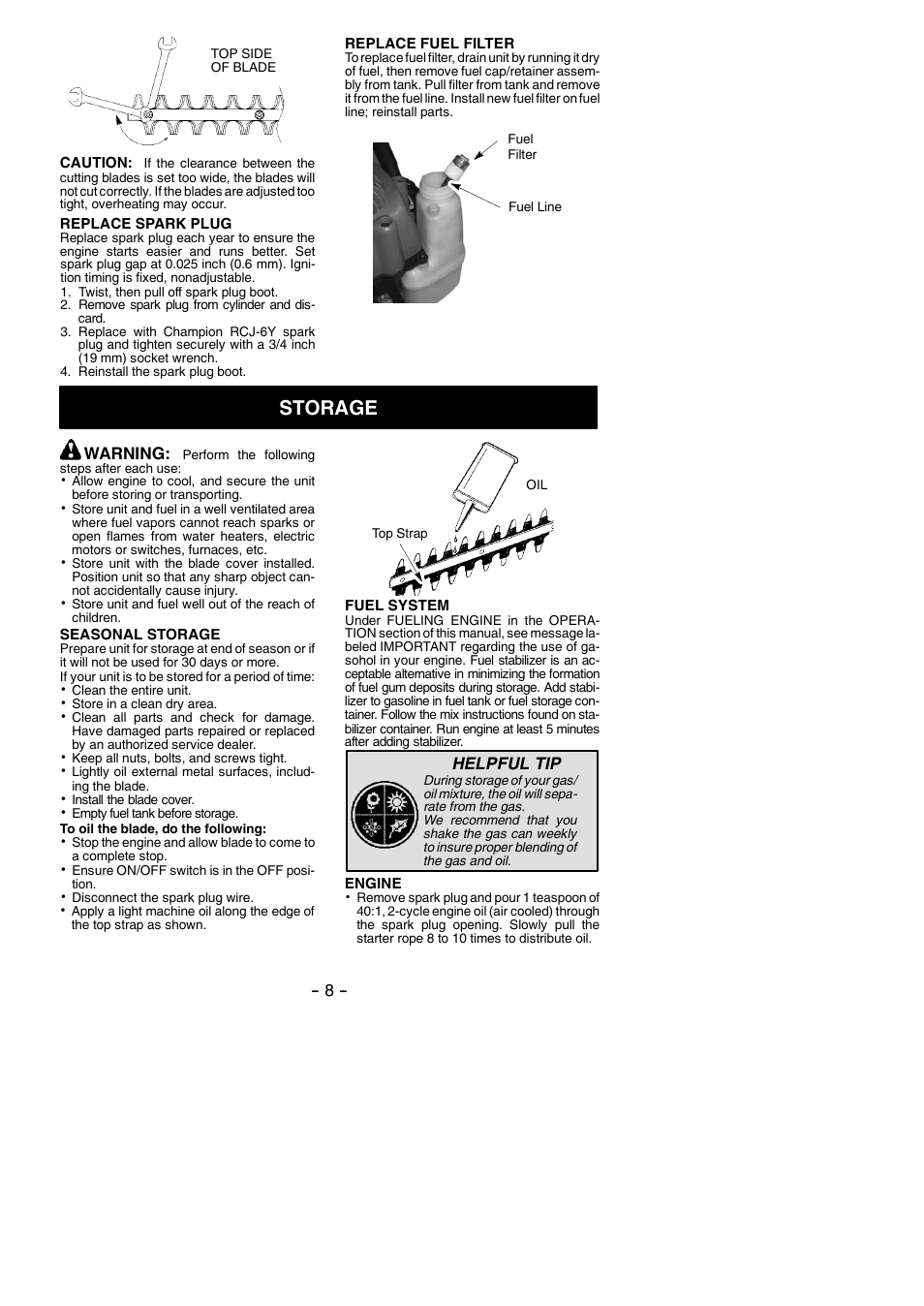 Storage, Warning, Helpful tip | Poulan Pro PP2822 User Manual | Page 8 / 36