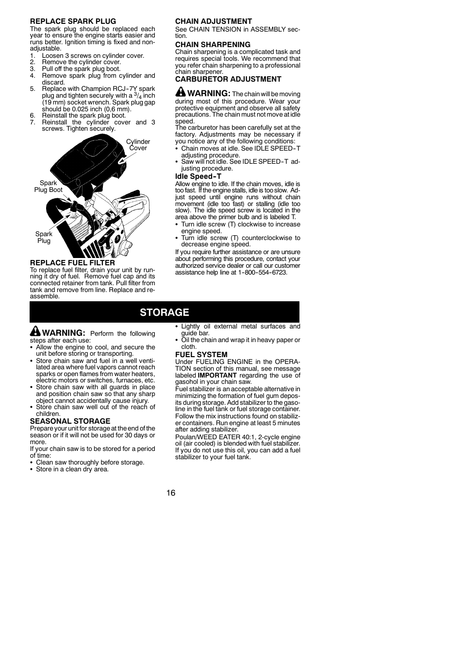 Storage, Warning | Poulan 545137251 User Manual | Page 16 / 19