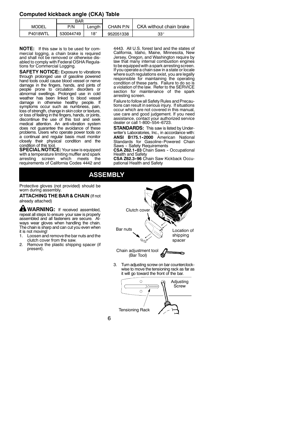 Assembly, 6computed kickback angle (cka) table, Warning | Poulan 545137251 User Manual | Page 6 / 19