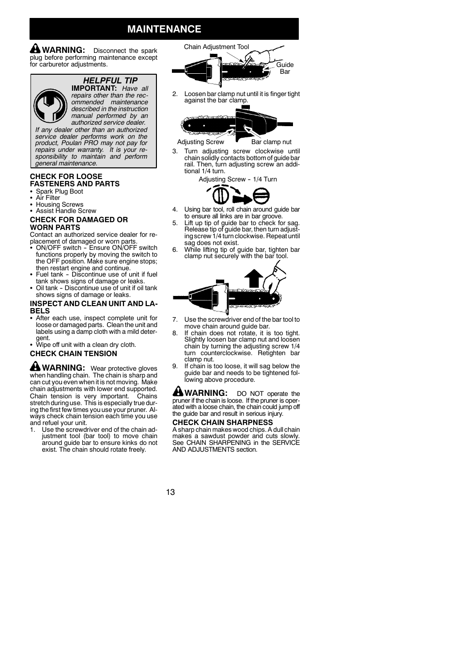 Maintenance, Warning, Helpful tip | Poulan 545137281 User Manual | Page 13 / 19