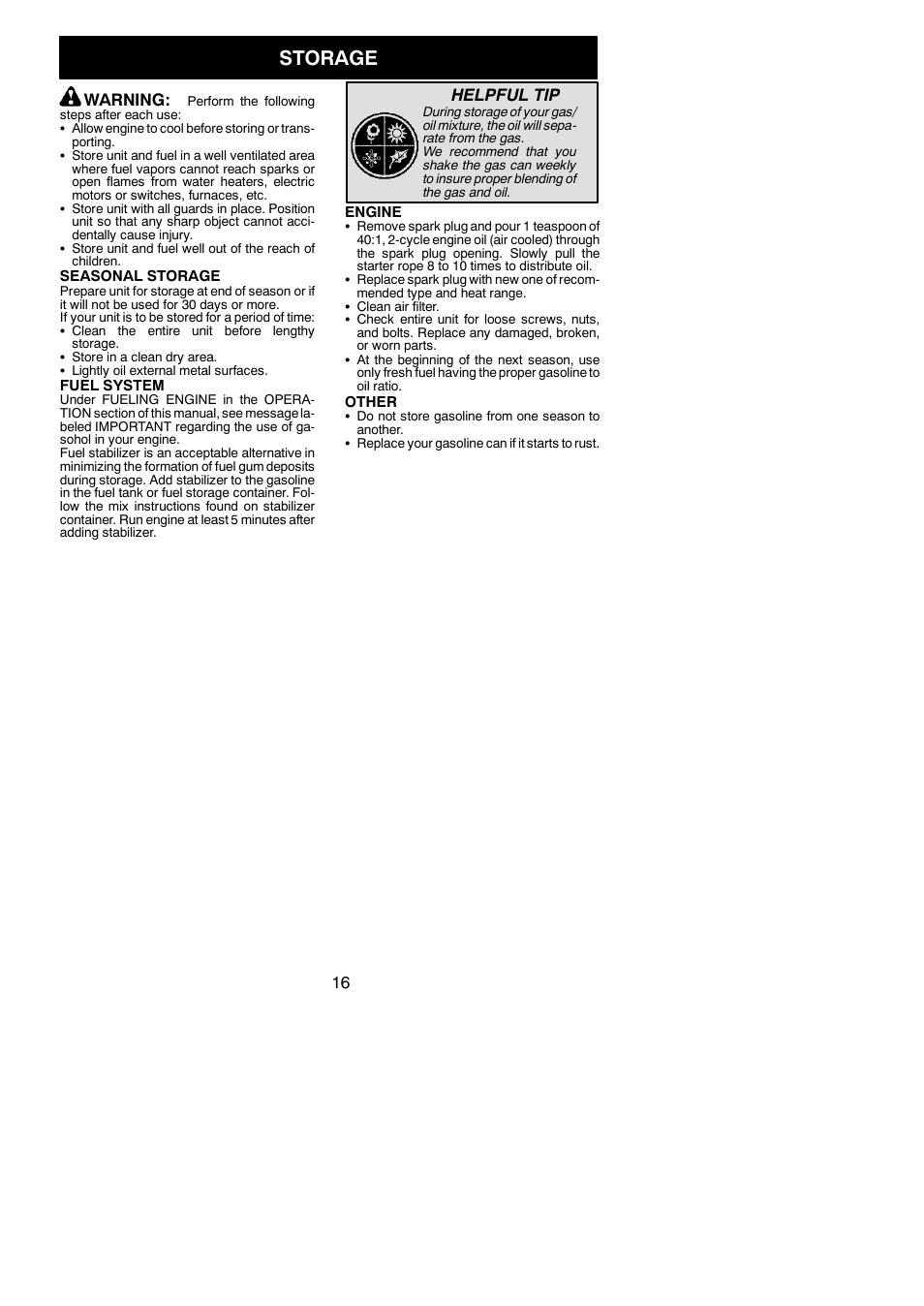 Storage, Warning, Helpful tip | Poulan 545137281 User Manual | Page 16 / 19
